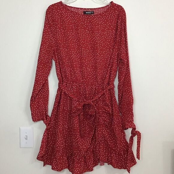 MISSGUIDED Red White Polka Dot Long Sleeve Runched Self Tie Mini Dress NWT Sz 12 - Picture 2 of 9